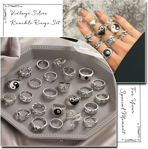 Vista 4 de IFKM Juego de 15-63 anillos de nudillos de plata vintage para mujeres y adolescentes anillos apilables de dedo articulado bohemios retro huecos