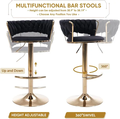 Vista 7 de Juego de 2 taburetes de bar giratorios de terciopelo, taburete de bar ajustable con respaldo tejido, sillas de comedor tapizadas, taburetes de bar