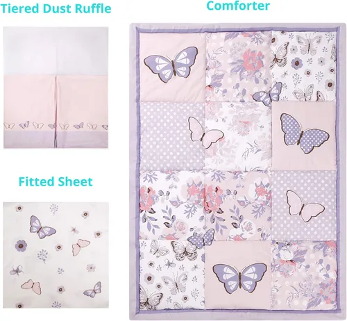 Vista 3 de La Premura Juego de ropa de cama de cuna pequeña para niñas, mariposa púrpura pastel, juego de cuna de 3 piezas para guardería, cuna portátil