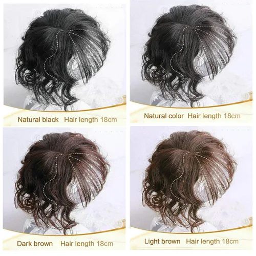 Vista 7 de Toppers de cabello humano corto de 8 pulgadas con flequillo, 2.76 x 3.93 pulgadas, base mono atada a mano para mujer, color marrón claro, piezas