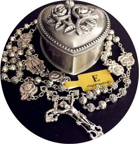 Vista 2 de elegantmedical Hecho a mano de plata rosa cuentas Católica 5 Décadas Rosario caso Cruz Caja de regalo Italia crucifijo cruz, Metal, No es una piedra