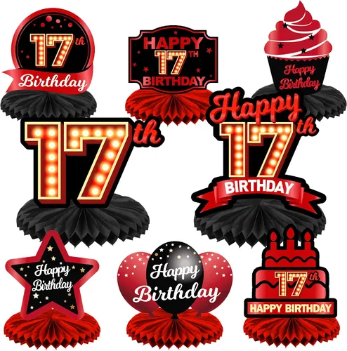 Vista 42 de Feliz 45 cumpleaños rojo y negro centros de mesa de panal de abeja decoraciones de globos decoración de mesa centros de mesa para niñas mujeres