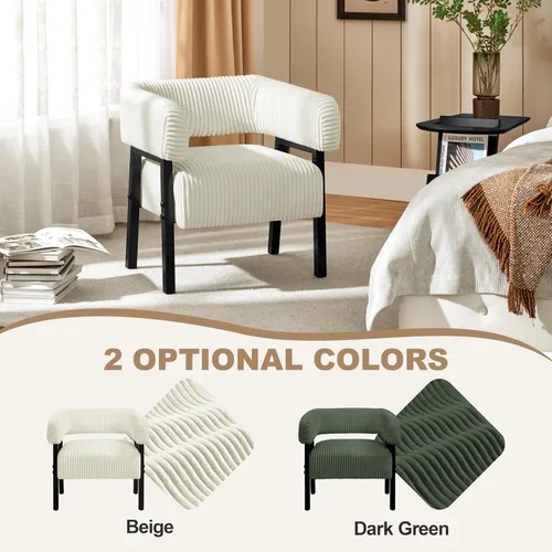 Vista 9 de Yaheetech Silla decorativa de pana con diseño de barril, moderno sillón tapizado con patas de madera maciza, acogedora silla de ocio con asiento