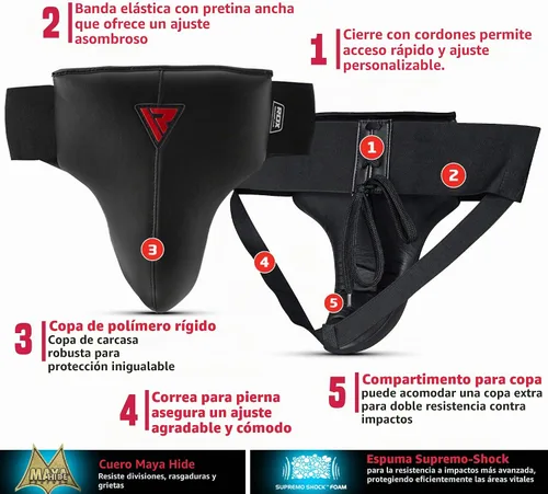 Vista 6 de RDX Protector de ingle para boxeo, Muay Thai, Kickboxing y entrenamiento de MMA, equipo de cuero Maya Hide Abdo para artes marciales, protector Negro