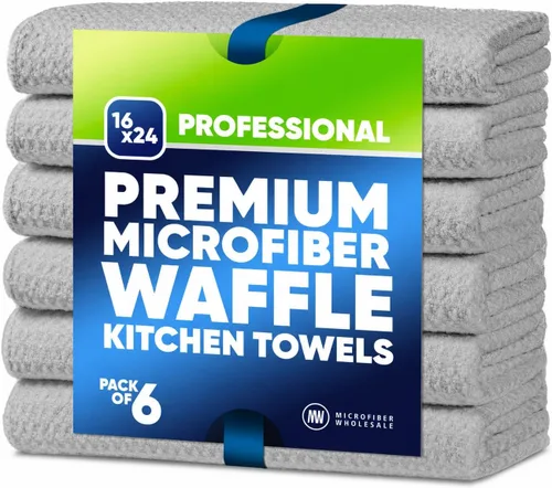 Vista 9 de Toallas de cocina de microfibra con tejido gofre, absorbentes, sin pelusas, gruesas, reutilizables, comerciales, suaves, para manos, té, vidrio Gris