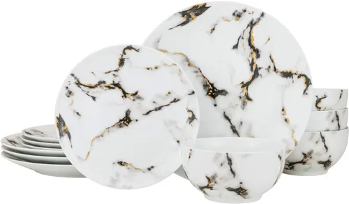 Vista 6 de Euro Porcelain Juego de comedor de mármol azul de 16 piezas, vajilla de porcelana fina con servicio de acento de placa de oro de 24 quilates para 4