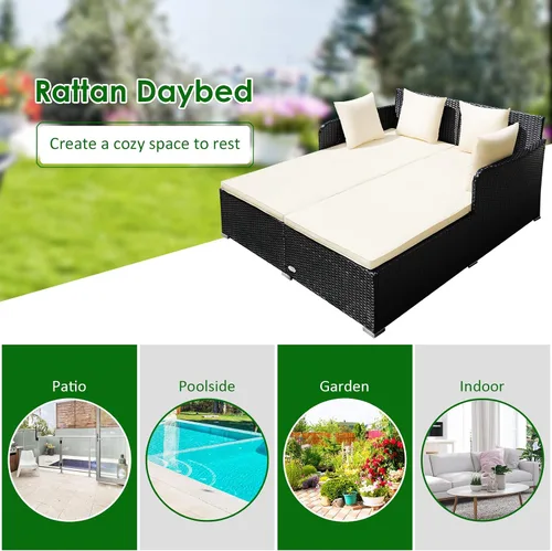 Vista 9 de COSTWAY Sofá Cama de Ratán para Patio Exterior, Sofá de Dos Plazas con Cojines de Esponja y 4 Almohadas, Muebles de Mimbre Cama Solar para Balcón