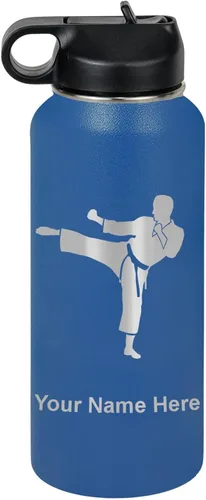 Vista 57 de Botella de agua personalizada LaserGram, Karate Man, de acero inoxidable con aislamiento al vacío de doble pared con tapa abatible, regalo grabado