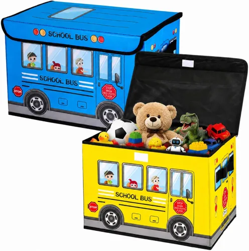 Vista 8 de Sweetude Caja del tesoro de autobús escolar de 2 piezas para el aula, caja plegable de almacenamiento de juguetes con tapa, organizador de tesoros