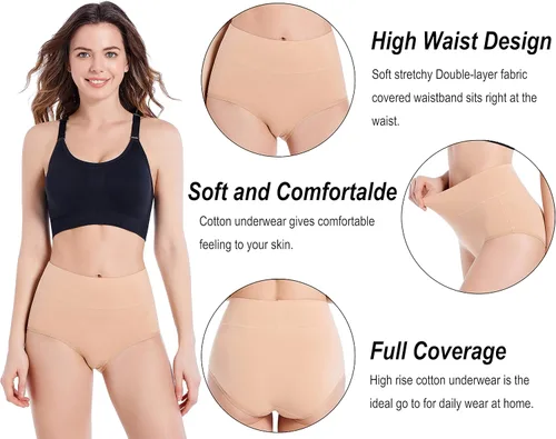 Vista 2 de Ropa interior para mujer, de cintura alta, de algodón, suave, elástica, transpirable, paquete de 5