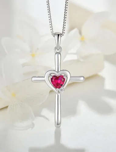 Vista 4 de Collar de cruz de plata de ley 925 con colgante religioso de crucifijo y piedra natal de corazón