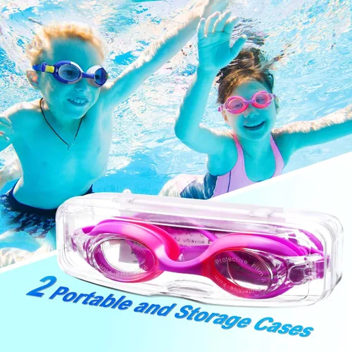 Vista 7 de Gafas de natación para niños con estuches, paquete de 2 gafas de natación antivaho sin fugas 180° visión clara gafas para niños