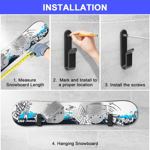 Vista 6 de Clips horizontales de montaje en pared para snowboard, almacenamiento y exhibición de rack de pared para habitación y garaje negro (Black 2 PCS)