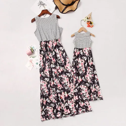 Vista 8 de HEWUQI Mommy and Me - Vestido a juego sin mangas bohemio floral a juego para la familia vestido casual de verano vestido de playa