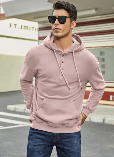 Vista 3 de JMIERR Sudaderas con capucha de algodón para hombre, con cuello de botón, con cordón, sudaderas casuales de manga larga con bolsillo