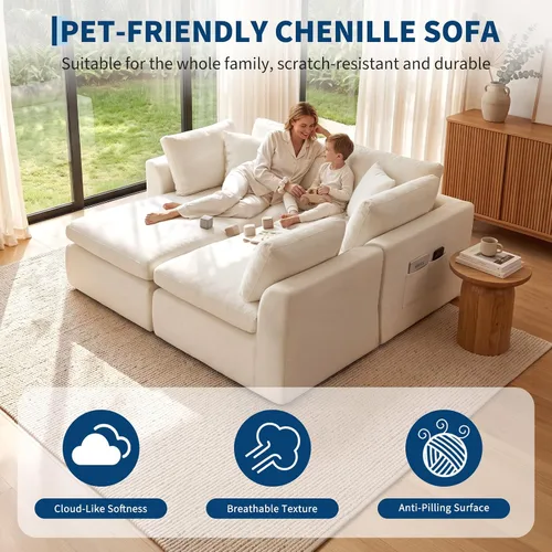 Vista 3 de Sofá nube sin hueso de 111 pulgadas en forma de L con diván, sofá modular de 3 plazas para sala de estar, sofás de felpilla deshuesados de gran Beige