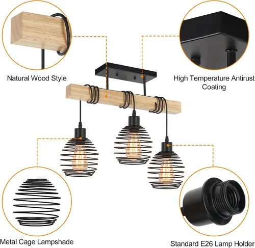 Vista 4 de Lámpara de techo de madera semiempotrada de 3 luces, lámpara de techo industrial para dormitorio, sala de estar, entrada