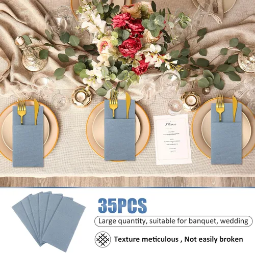 Vista 5 de Seajan 35 servilletas de lino de bolsillo, servilletas desechables de papel airlaid preplegadas con bolsillo integrado para cubiertos para Azul