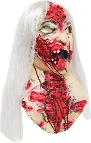 Vista 4 de xiuyou Máscara de zombi sangrienta, máscara de fantasma femenino aterrador con cabello, casco realista de cara completa, disfraz de Halloween