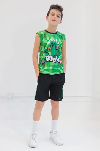 Vista 3 de Minecraft Creeper - Conjunto de 3 piezas para niños pequeños, camiseta sin mangas, pantalones cortos de malla