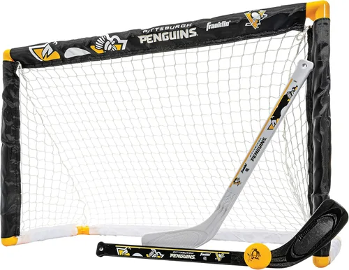 Vista 23 de Franklin Sports NHL - Juego de mini hockey para niños, portería de hockey sobre rodilla, pelota + 2 palos, juego de juguetes para interiores