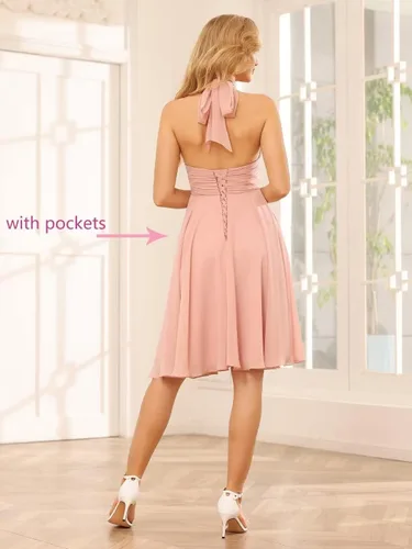 Vista 2 de TIRAS Vestidos de dama de honor de gasa halter para mujer, vestido corto de regreso a casa, cuello en V, vestido de noche formal fruncido CM190