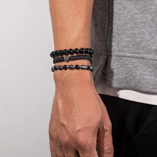 Vista 4 de Lynnaneo Juego de pulseras de cuentas para hombre de 0.315 in y 0.157 in de piedras preciosas curativas trenzadas con dije de circonita cúbica