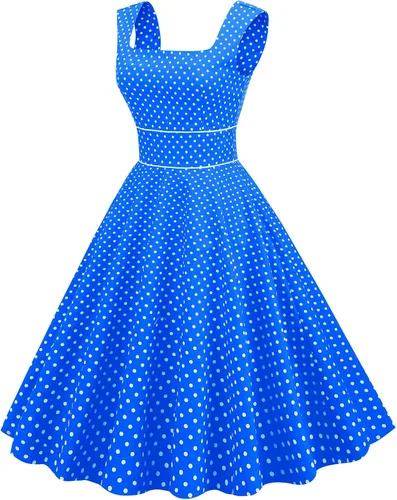 Vista 4 de Ruziyoog Vestido de manga corta para mujer, cuello cuadrado, lunares, acampanado, vestido de cóctel, fiesta, noche, vestido con lazo, vestido