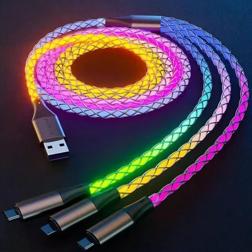 Vista 9 de Cable USB PD cargador rápido iluminado (USB 3 en 1 azul), cable de datos de teléfono, cable de carga de luz fluida, 39 pulgadas, material TPE