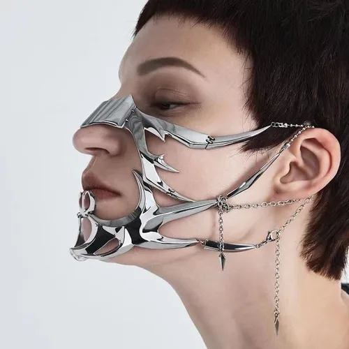 Vista 5 de Máscara mecánica punk para mujeres y hombres, Halloween, fiesta, baile de graduación, máscara de metal, máscara de cosplay, joyería de Halloween