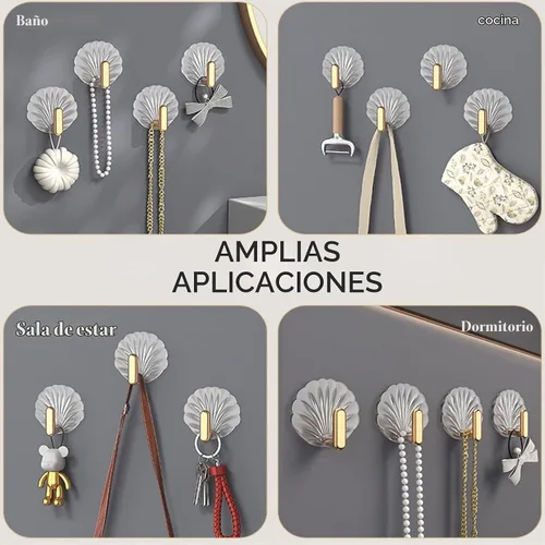 Vista 2 de Ganchos de pared decorativos adhesivos resistentes, paquete de 4