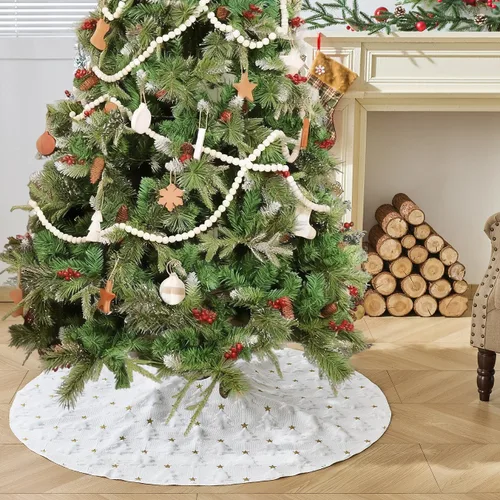 Vista 44 de ORTIGIA Falda blanca para árbol de Navidad de 48 pulgadas con POM POM, falda de árbol de Navidad de felpa suave de piel sintética blanca para árbol