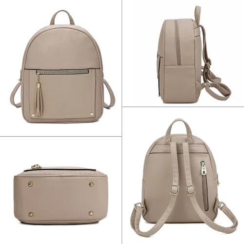 Vista 6 de Mini mochila antirrobo para mujer, bonita mochila escolar para adolescentes y niñas con cremallera segura y borla, Caqui, Mochilas de viaje