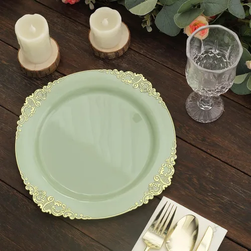Vista 37 de Paquete de 10 platos redondos de plástico barroco dorado de 8 pulgadas para ensalada de postre, vajilla desechable con borde dorado en relieve
