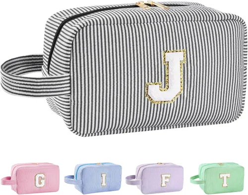 Vista 38 de Bolsa de maquillaje personalizada con inicial A-Z para mujeres, niñas y niños, bolsa de aseo de viaje, bolsa de maquillaje preparada, bolsa