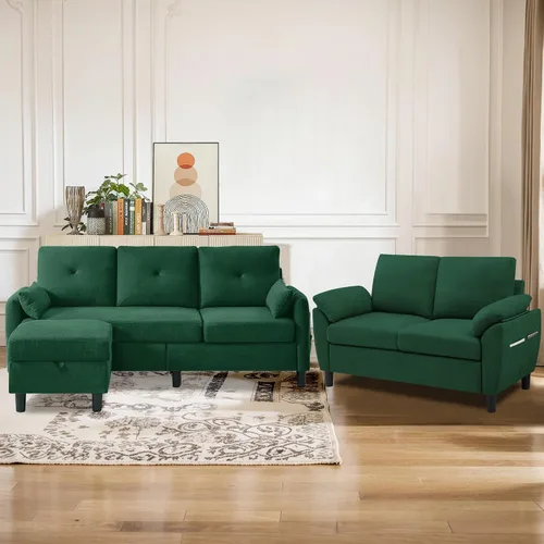 Vista 11 de Juego de sofá seccional, sofá convertible de 77 pulgadas y silla decorativa de 35 pulgadas, sofá pequeño en forma de L de 3 asientos con otomana