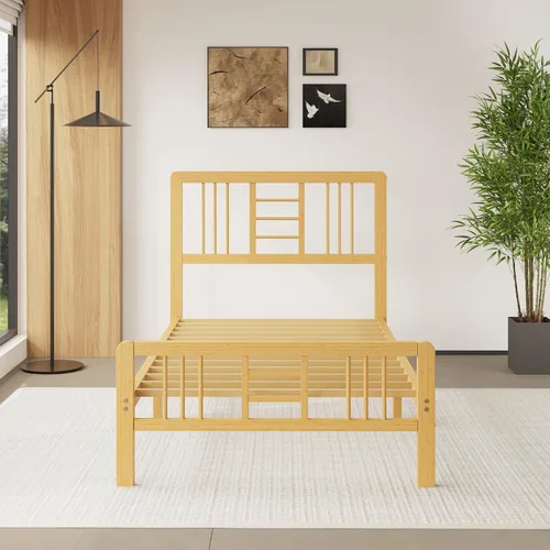 Vista 8 de Marco de cama de madera de bambú de 12 pulgadas con cabecero y estribo, marco de cama con soporte de listones de metal, resistente, no necesita