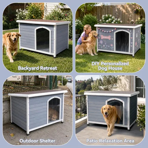 Vista 8 de Petsfit - casetas cuchas de madera para perros pequeños, medianos y perros grandes, resistente a la intemperie para perros, con patas elevadas.