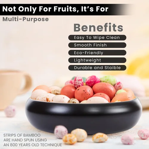 Vista 4 de Cuenco grande de bambú hilado con cargador adicional, frutero decorativo, cesta de frutas de cocina, cuenco de centro de mesa, cuenco de bambú Negro