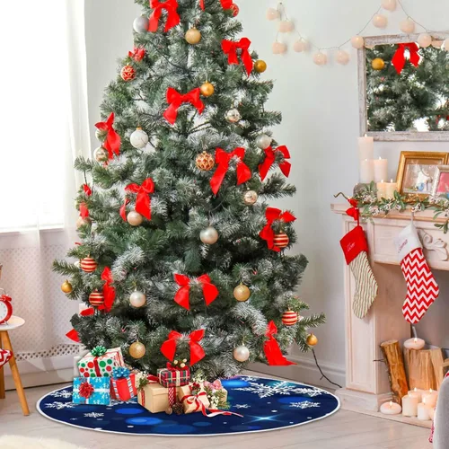 Vista 4 de ALAZA Decoración de falda de árbol de Navidad, pequeño adorno de falda de árbol de 35.4 pulgadas con copos de nieve azules con purpurina navideña