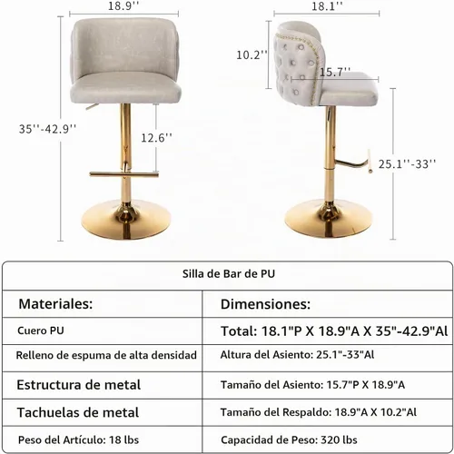 Vista 3 de Juego de 2 taburetes de bar giratorios modernos con altura de mostrador, sillas de bar ajustables de piel sintética capitoné de 25"-33", taburetes