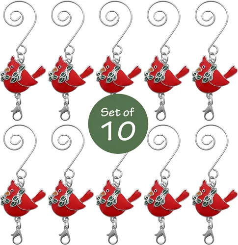 Vista 2 de Cardinals - Ganchos para adornos con gancho en S y pinza de langosta – Juego de 10 – Cardenales con hojas de acebo – Accesorios de Navidad