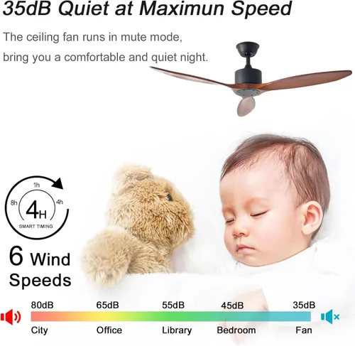 Vista 7 de Ventilador de techo de madera de 3 aspas de 52 pulgadas sin luz, ventilador de techo reversible sin ruido con motor de corriente continua sin luz