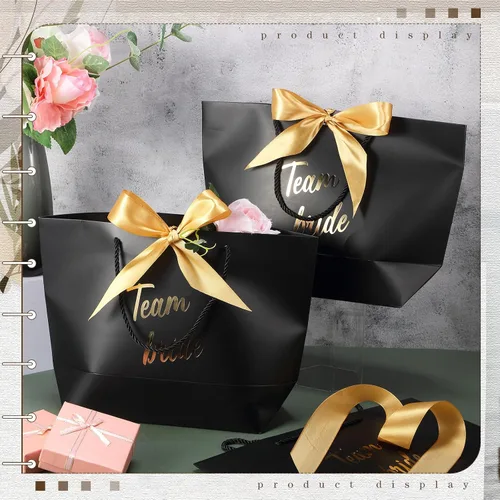 Vista 8 de Tenceur 16 bolsas de regalo de novia con lazo para dama de honor, bolsas de papel con asa, color negro para despedidas de soltera, bodas, despedidas