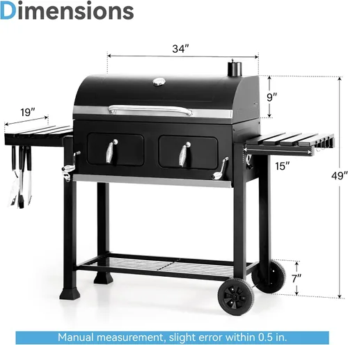 Vista 5 de GREEN PARTY Parrilla de Carbón Tipo Barril con Mesas Laterales, 794 Pulgadas Cuadradas de Espacio de Cocción, Parrilla Grande de Carbón BBQ con 2