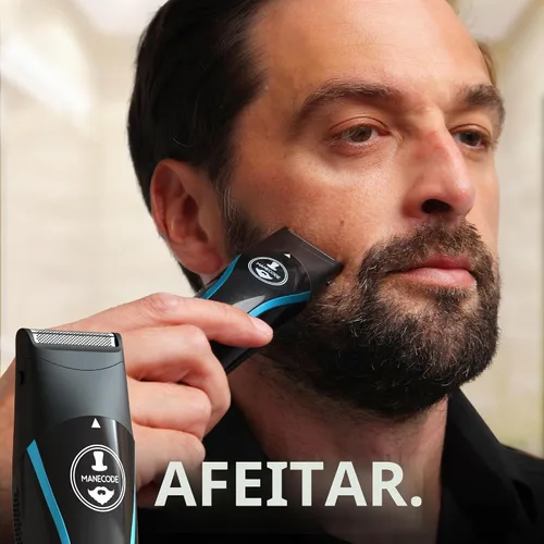 Vista 8 de MANECODE® Cortadora de barba y cabello para hombres – Self-Sharp Blades® USB-C, impermeable, pantalla LED, kit de aseo múltiple