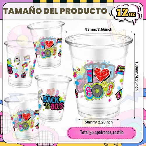 Vista 2 de FoldTier 50 Piezas Vasos de los Años 80 de 12 oz de Plástico Transparente Vasos para Cumpleaños Desechables con Temática Musical Vasos para Beber