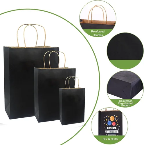 Vista 3 de FACEBAG Paquete de 90 bolsas de papel kraft negro con asas a granel, bolsas de regalo de varios tamaños para favores, comestibles, venta al por