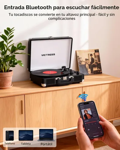 Vista 4 de Tocadiscos de vinilo con entrada y salida Bluetooth, tocadiscos portátil vintage de maleta, tocadiscos LP de 3 velocidades con conversión de vinilo