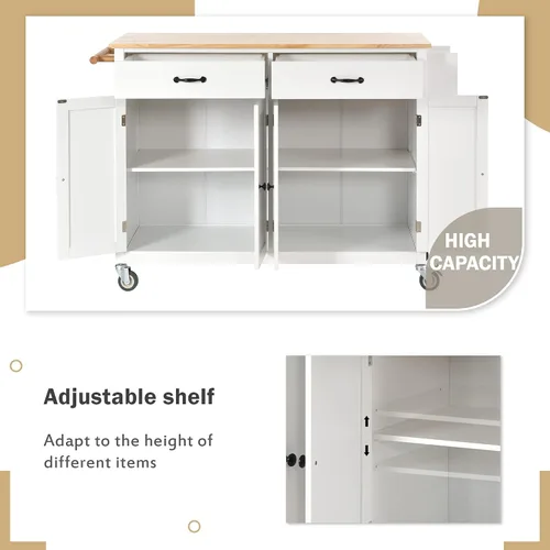 Vista 3 de Isla de cocina con ruedas con escritorio de madera maciza, mesa de isla de cocina con 2 cajones, carrito de isla de cocina con armario